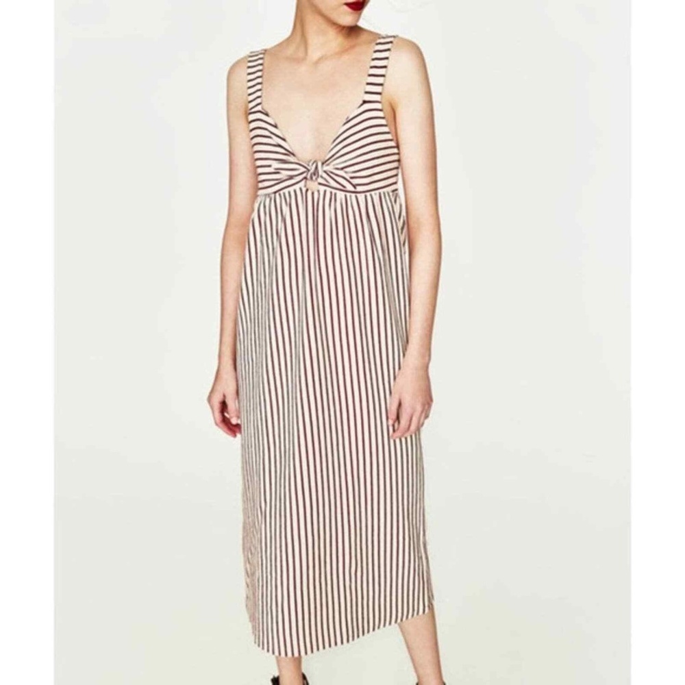 ZARA TRF Retro Red Pin-Striped Keyhole Cutout / Front Tie Sleeveless Midi Dress